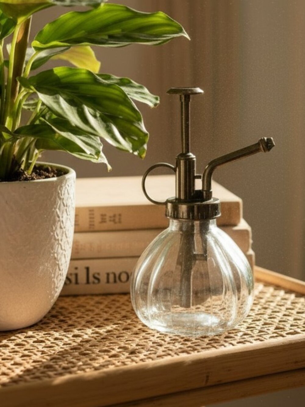 Ribbed Clear Glass Plant Mister with Silver Accents Bohemian Gardening